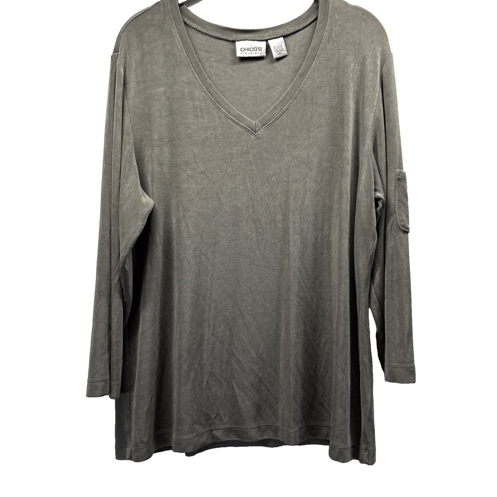 Chicos Travelers Women's Top Size XL Solid Green V Neck Long Sleeves Pullover